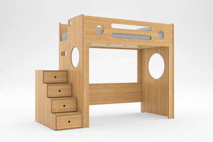 Oak Marino Loft Bed with storage drawer stairs, circular decorative cutouts, and open space below the twin bed against a white background.