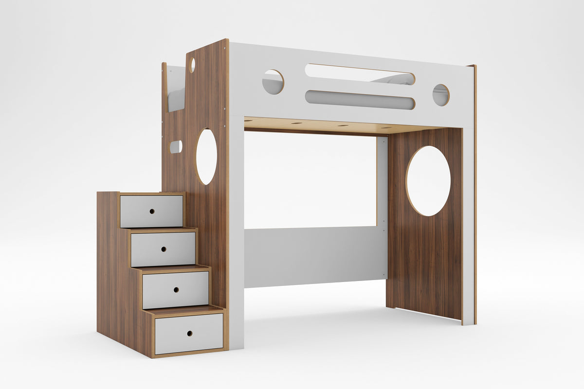 Walnut and white Marino Loft Bed with white storage drawer stairs, circular decorative cutouts, and open space below the twin bed against a white background.