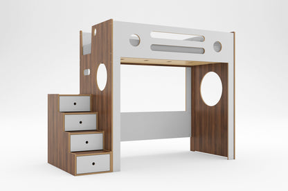 Walnut and white Marino Loft Bed with white storage drawer stairs, circular decorative cutouts, and open space below the twin bed against a white background.