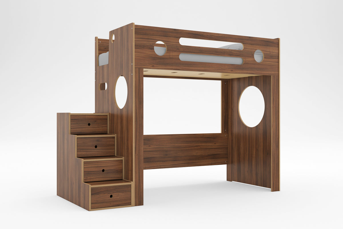Walnut Marino Loft Bed with storage drawer stairs, circular decorative cutouts, and open space below the twin bed against a white background.