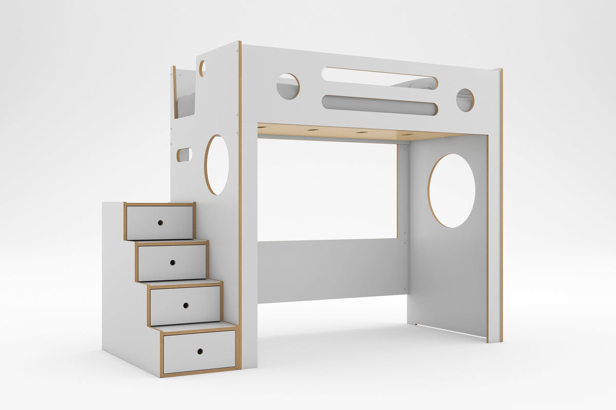 White Marino Loft Bed with storage drawer stairs, circular decorative cutouts, and open space below the twin bed against a white background.