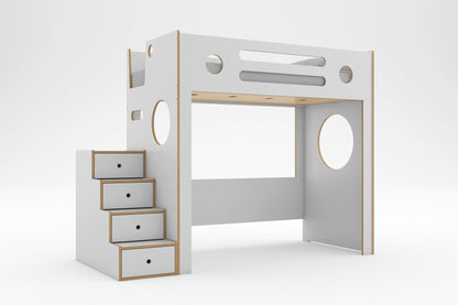 White Marino Loft Bed with storage drawer stairs, circular decorative cutouts, and open space below the twin bed against a white background.
