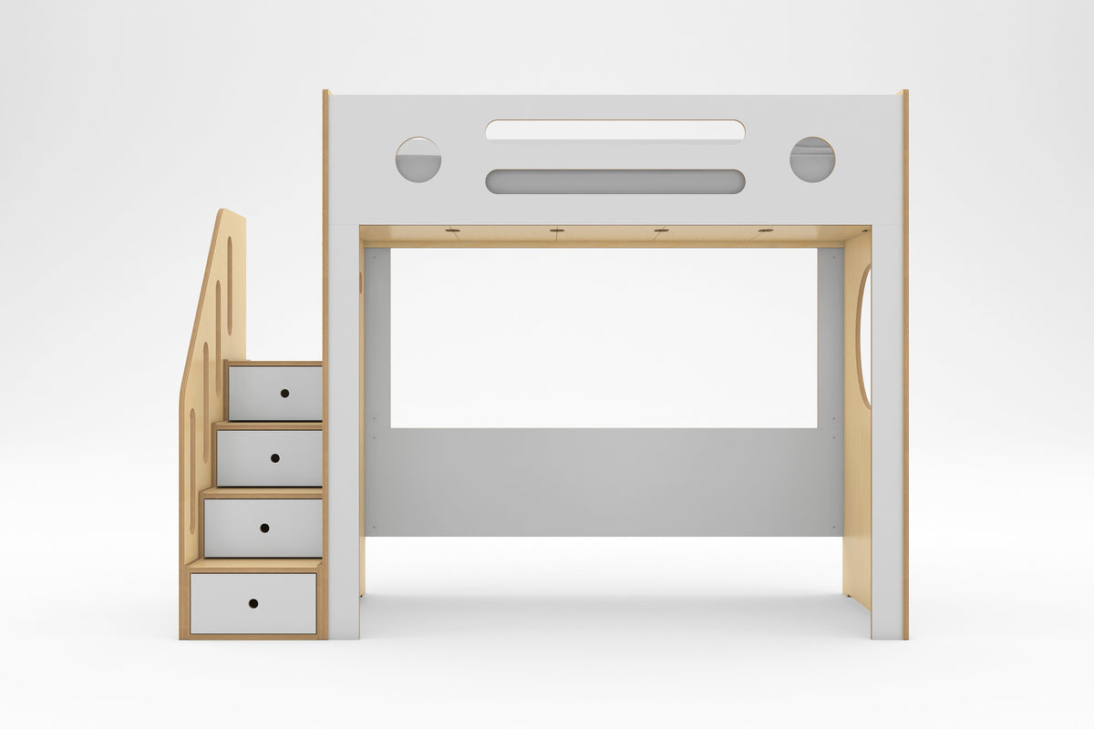 Front view of birch and white Marino Loft Bed with storage drawer stairs and open space below the twin bed against a white background.
