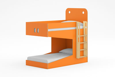 Bright orange Monster Bunk Bed with natural wood ladder, featuring a modern design and space-saving structure for kids' rooms.