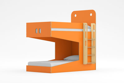 Bright orange Monster Bunk Bed with natural wood ladder, featuring a modern design and space-saving structure for kids' rooms.