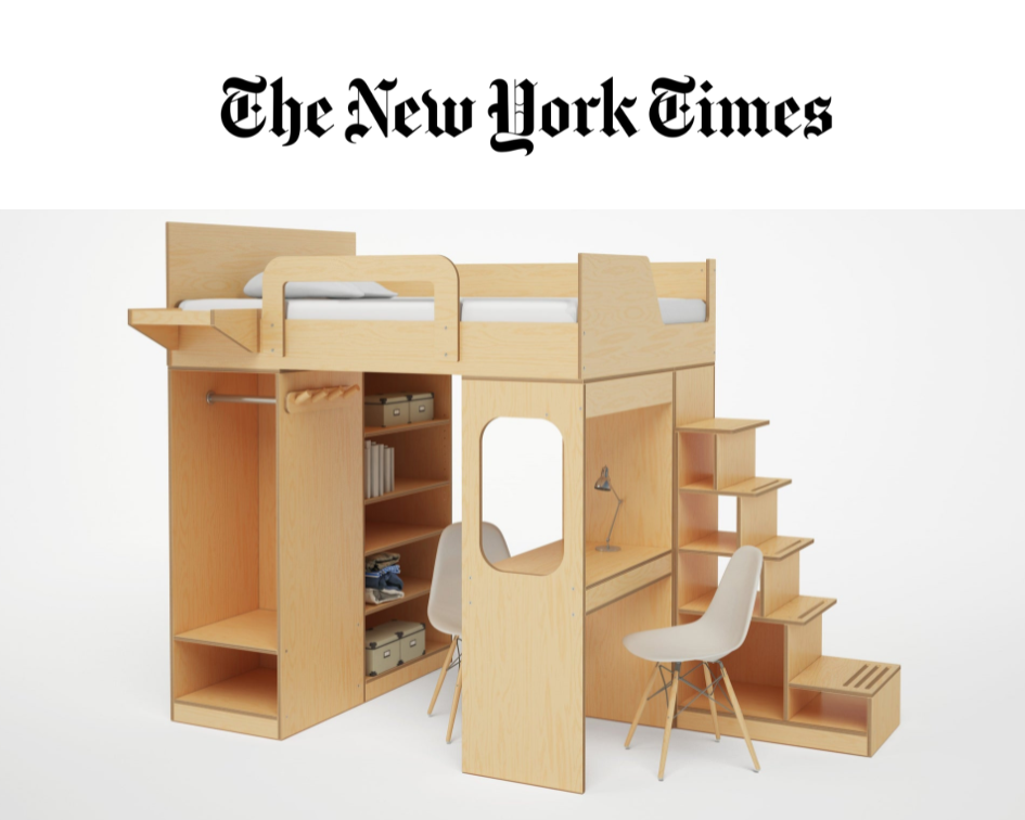 New York Times featured modern children's loft bed with integrated stairs, desk, and shelves