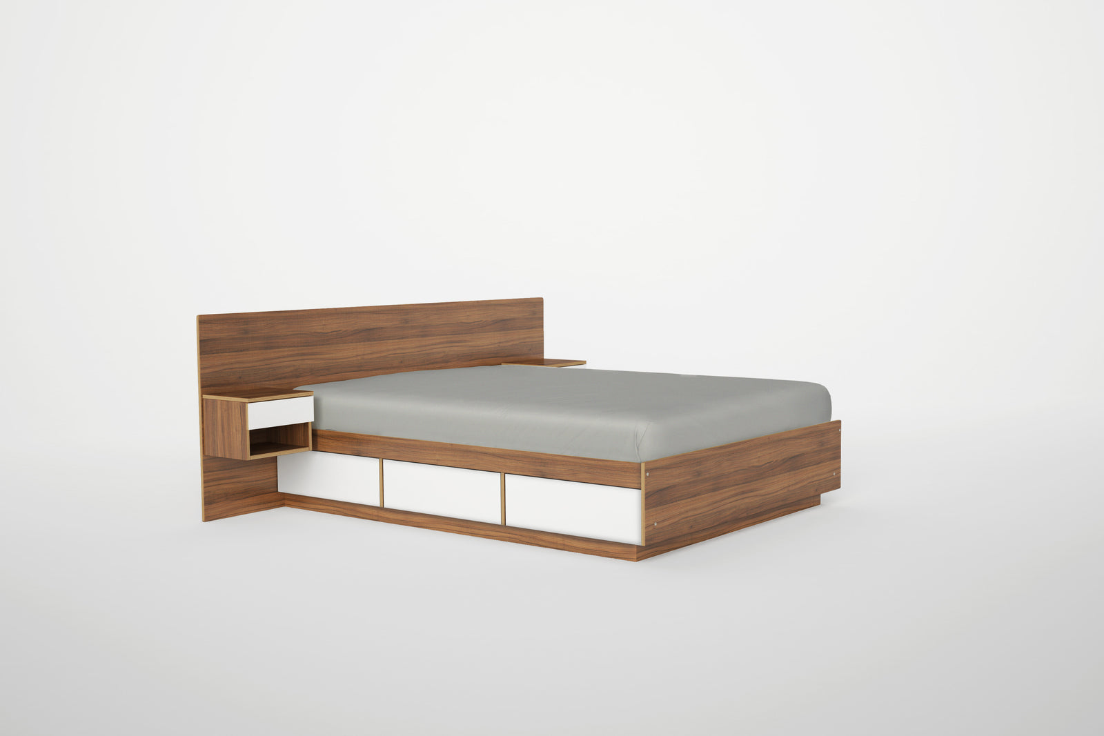 Modern minimalist design bed with a gray mattress and built-in wooden side tables and shelves.