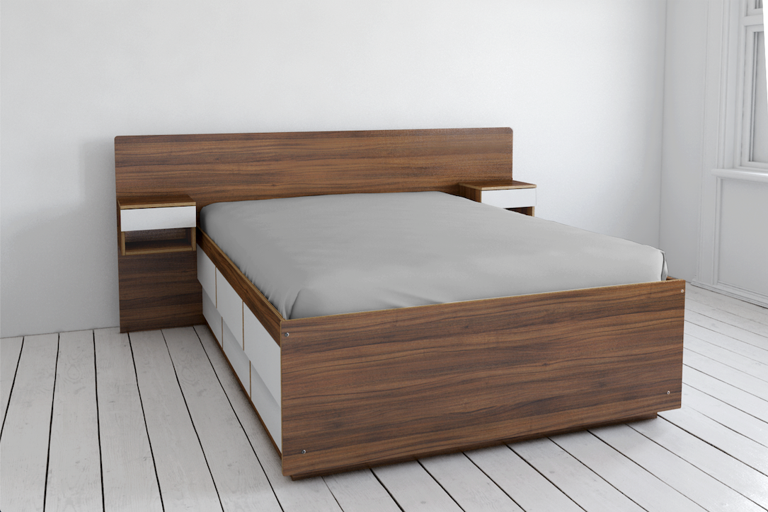 Contemporary bed with dark wood finish, built-in nightstands, on a white wooden floor in a bright room.