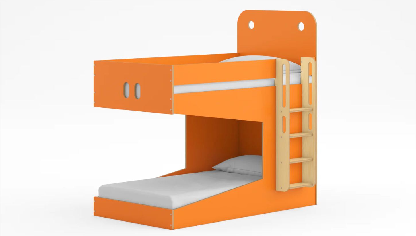 Orange bunk bed resembling friendly monster or crocodile face with white mattresses on both bunks, birch light wood attached ladder, with eyes and nose cutouts on the top bunk headboard and foot board.