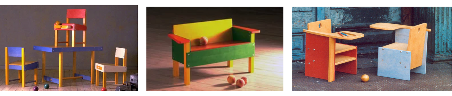 Three different styles of children's furniture including a table and chairs, a bench, and a small desk. From left to right 3 colorful chairs in one image, the second image has a red, yellow, and green wood kid's bench, and two kids wood reed and blue chairs with attached desks in the third image.