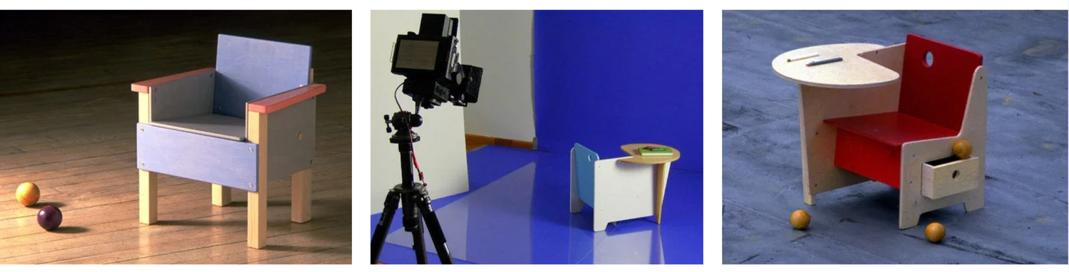 Three images showing a blue kids chair on wood floor, a  chair setup with a camera against a royal blue background, and a small red kid's desk chair with built in artists desk (from left to right)