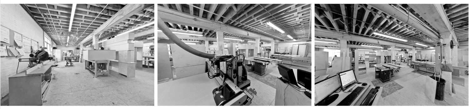 Three black and white images of an workshop furniture warehouse interior with desks, chairs, and computer monitors.
