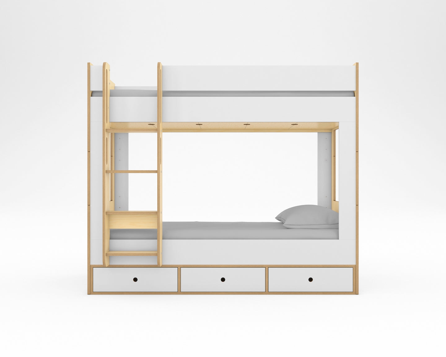 Birch and white Cabin Bunk Bed with rectangular cutouts, attached ladder, 3 storage drawers and grey bedding against a white background.