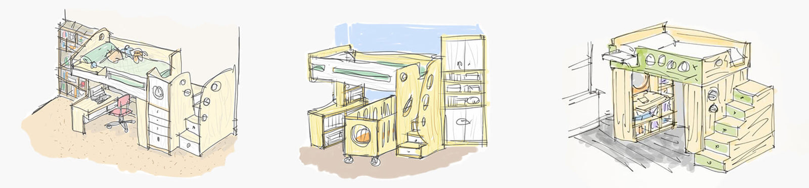 A drawing of a bed and shelves