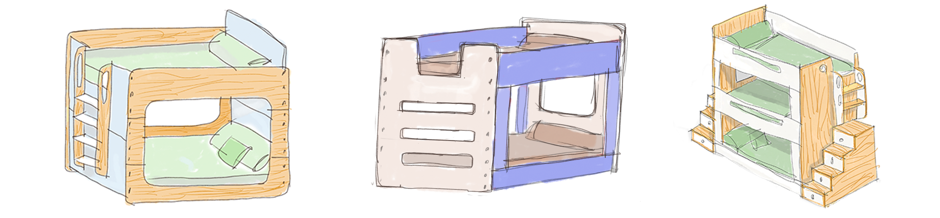 Series of three colorful sketches of modern bunk beds and shelving, depicted in a playful, imaginative style.