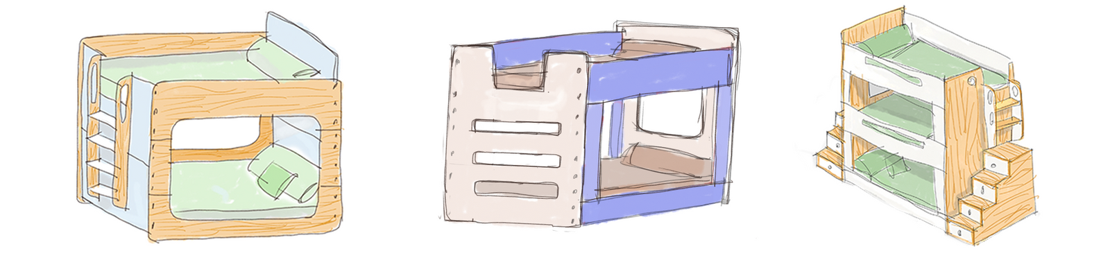 Series of three colorful sketches of modern bunk beds and shelving, depicted in a playful, imaginative style.