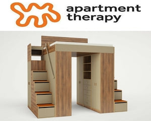 Modern loft bed design with stairs, ample shelving, and a built-in wardrobe, on a white backdrop.