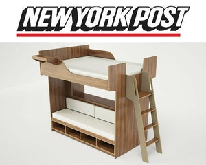 Sleek modern bunk bed with wooden finish, integrated shelves, and ladder, on a white background.