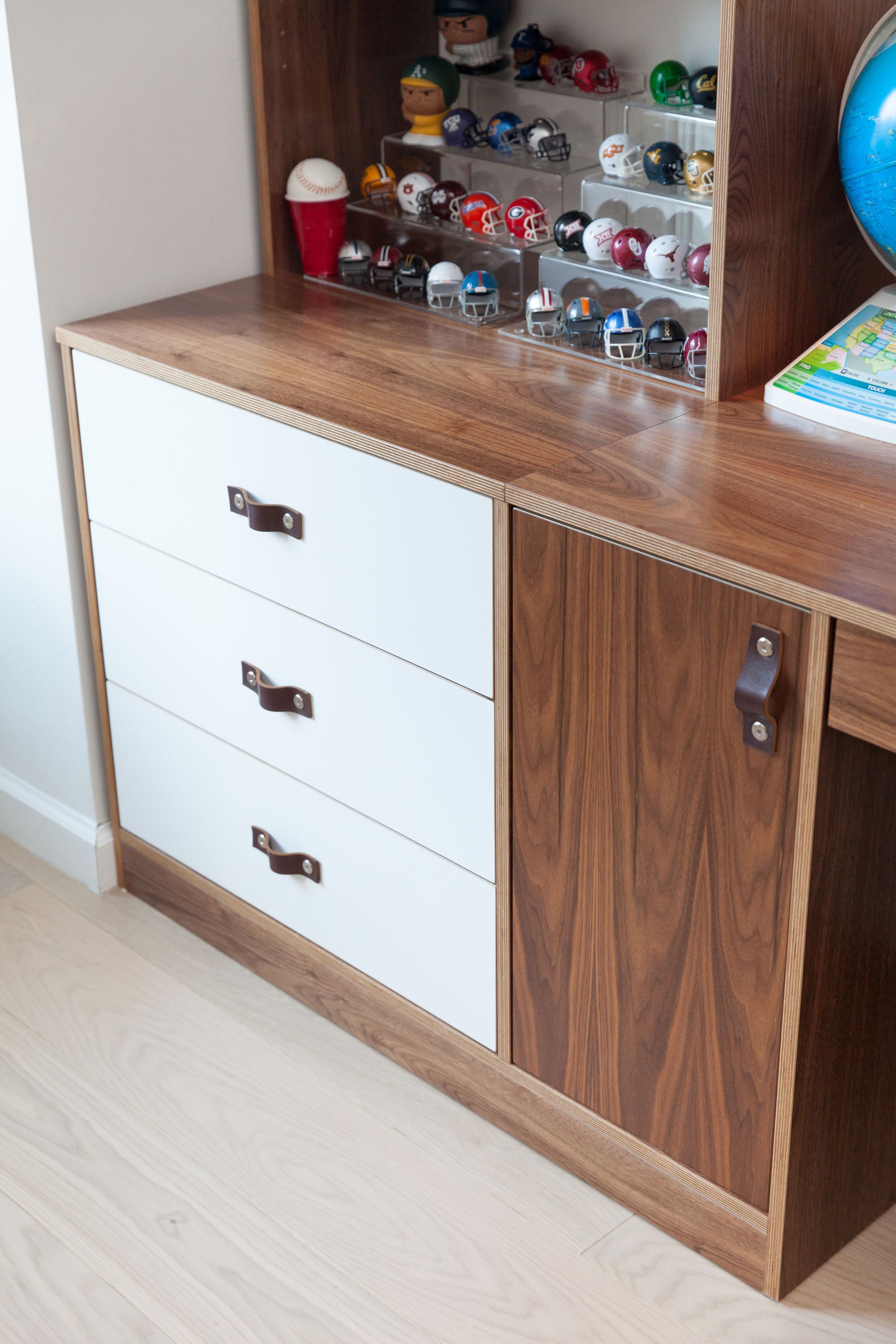 walnut finish with white accent dresser and storage unit