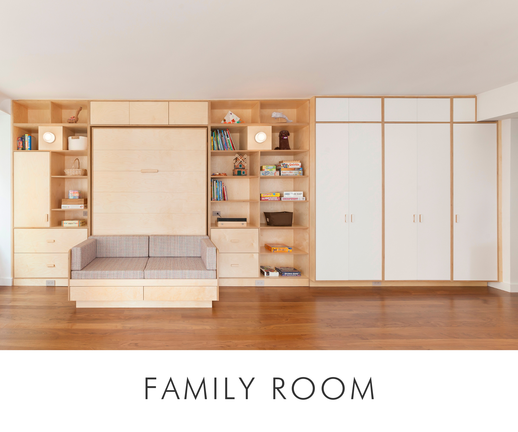 Murphy bed and cabinetry in birch finish with white accents