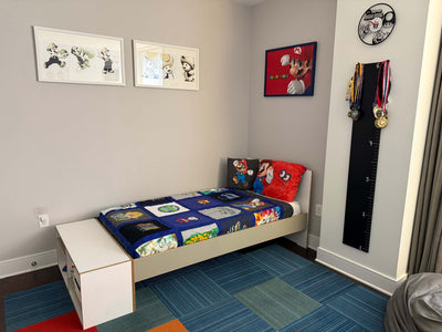 Marino Twin Bed-lateral full view, distant with storage feature