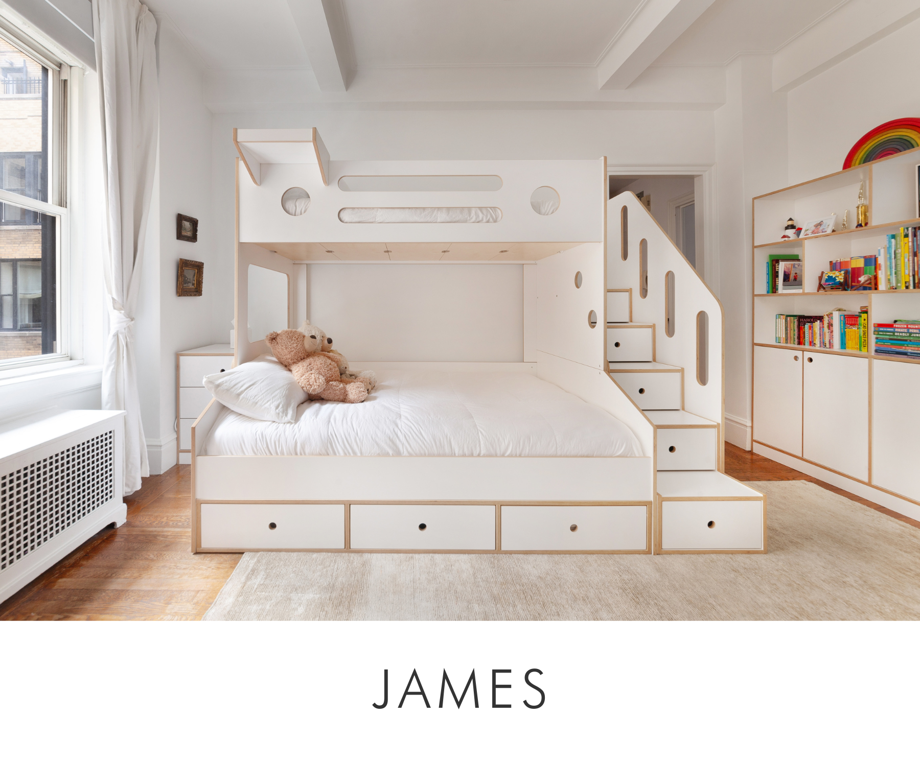 Custom kids' room featuring a Marino twin over full bunk bed with storage stairs, trundle drawers, and modular shelving, designed for James.