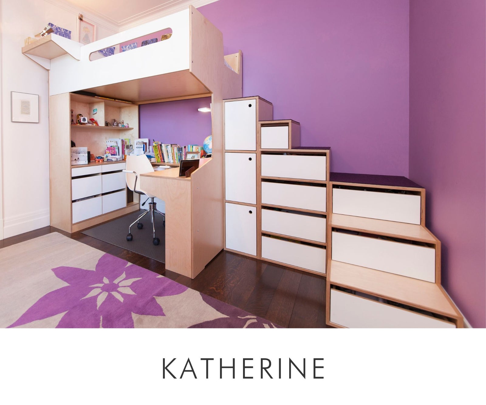 Twin-size custom loft bed in birch plywood with white accents, featuring a built-in desk below and stair-step storage with integrated drawers — designed for compact and functional kids’ rooms
