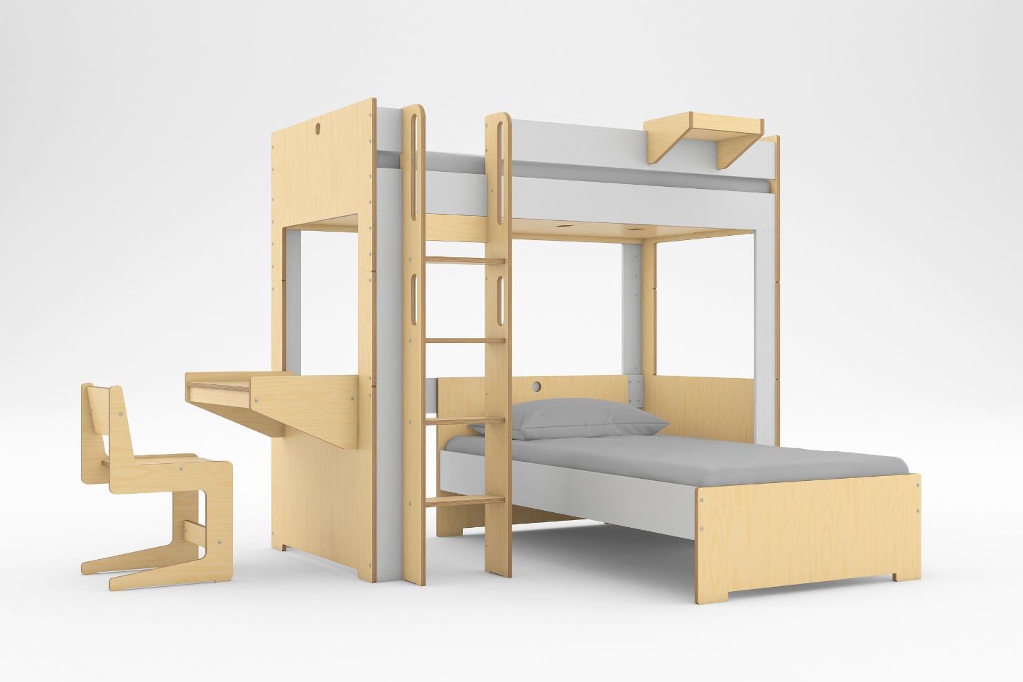 Side view of the Cabina L-shaped Loft Bed with a secure wooden ladder.