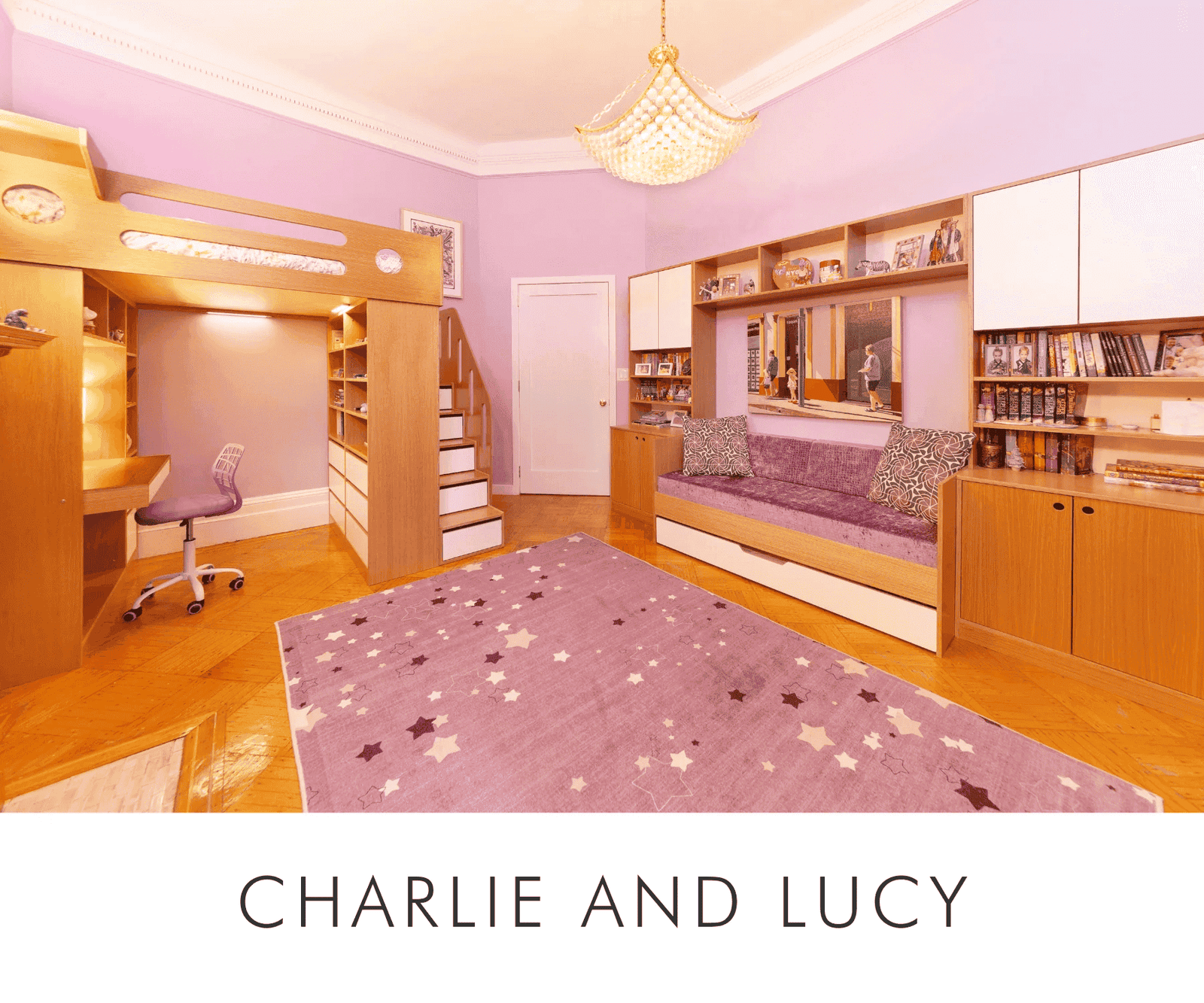 Custom-designed bedroom for Charlie and Lucy featuring a loft bed with built-in desk, staircase storage, and a cozy daybed with integrated shelving and cabinetry. The room has a warm wood finish, white cabinetry, and a purple color scheme with a star-patterned rug