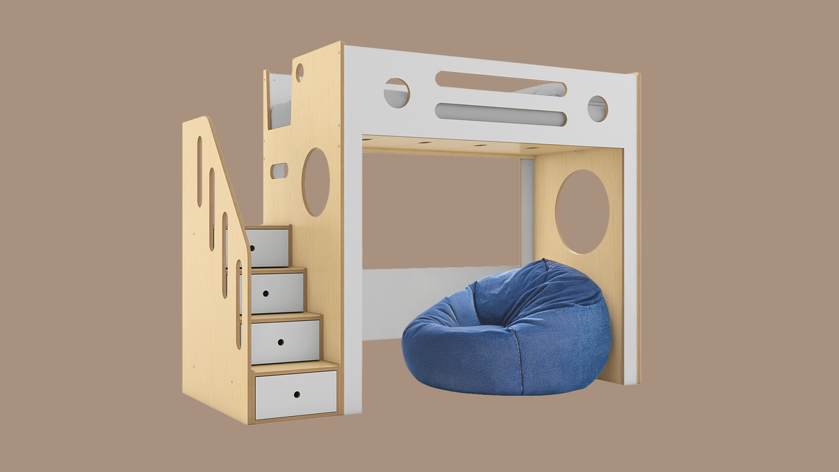 Marino Loft Bed with Stairs in birch and white, with four white storage drawers built into the stairs and a blue bean bag chair under the loft.