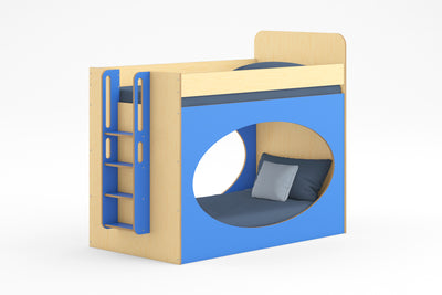 Ovo Bunk Bed angled high view in birch and blue finish, showcasing a built-in ladder and oval cutout for a unique kids’ bedroom setup.