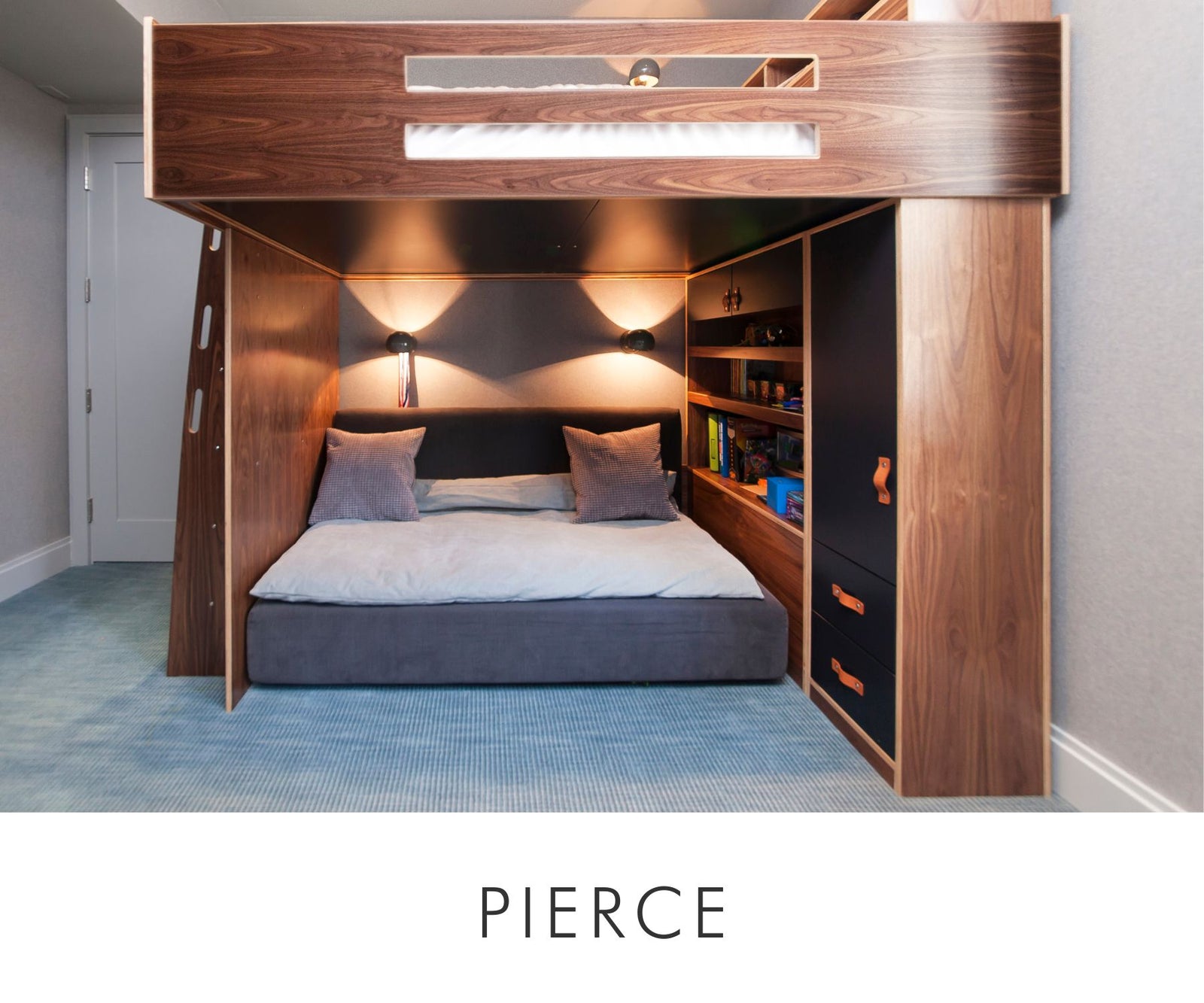 Full-size loft bed in rich walnut plywood with black accent cabinetry, featuring lower-level storage shelves, drawers with leather pulls, and cozy lounge space underneath — ideal for stylish and functional kids’ rooms.