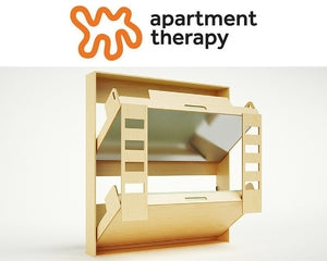 Apartment Therapy logo over multifunctional wooden furniture with shelves and mirror.