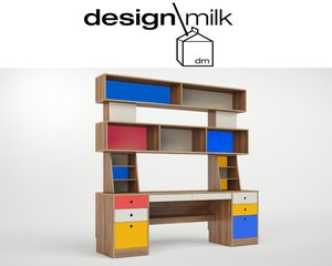 Colorful modular children's desk with upper shelves and lower drawers in a mix of primary colors.
