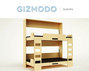 Modular wooden bed frame with Gizmodo Australia logo.