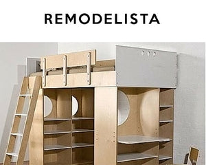 Wooden loft bed with ladder, shelves, desk area.