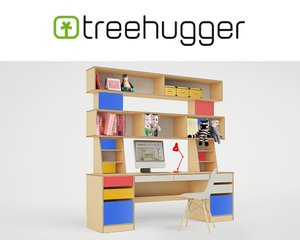 Modern colorful children's study area with a desk, shelves, and decorative storage boxes