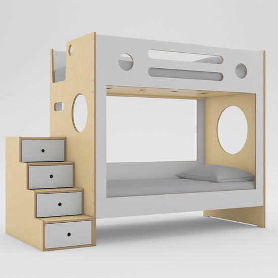 Video of birch and white Marino Loft Bed with storage drawer stairs, showing the open space below the twin bed fitted with a lower twin bed with storage drawers, then a rolling crib, against a white background.
