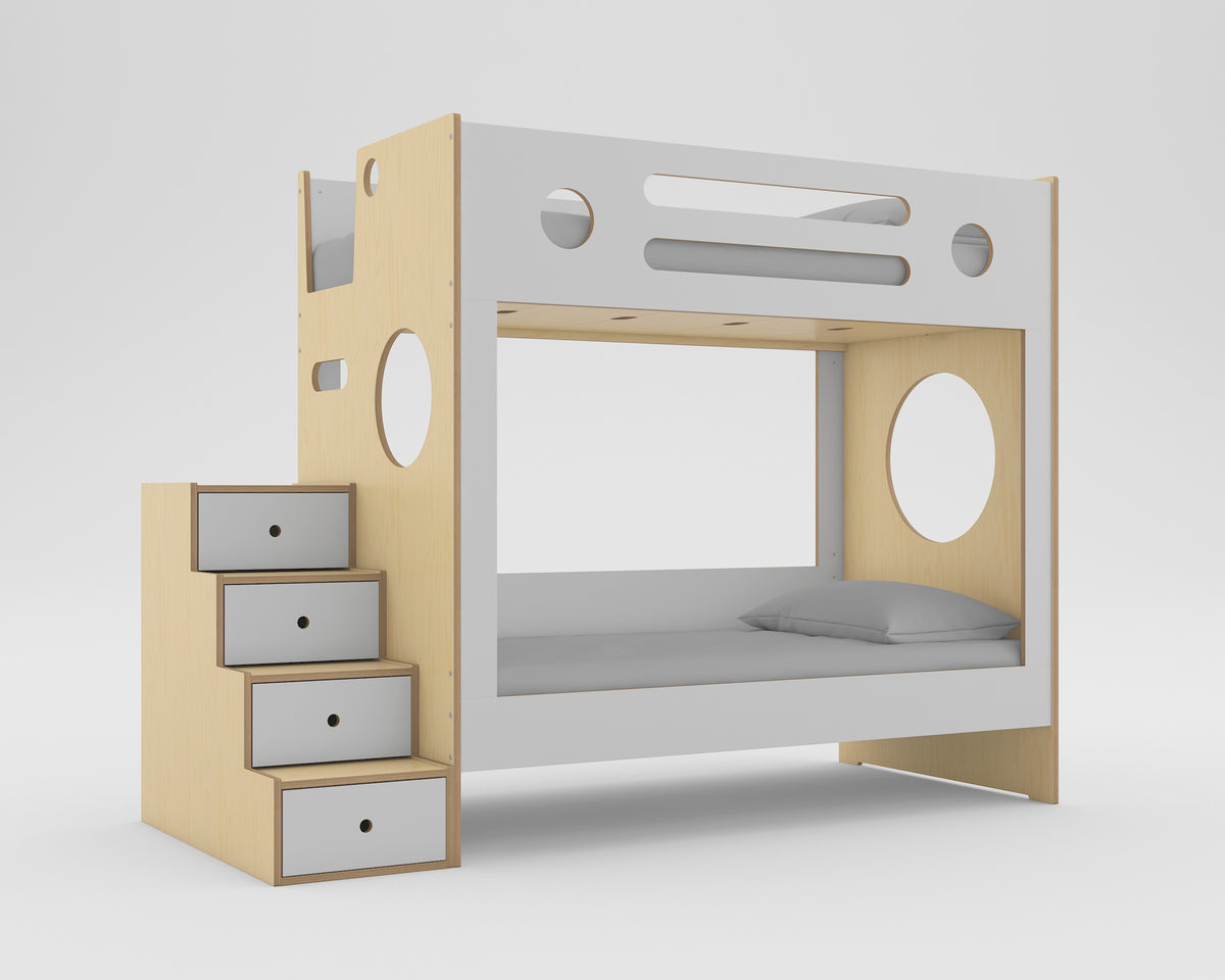 Video of birch and white Marino Loft Bed with storage drawer stairs, showing the open space below the twin bed fitted with a lower twin bed with storage drawers, then a rolling crib, against a white background.