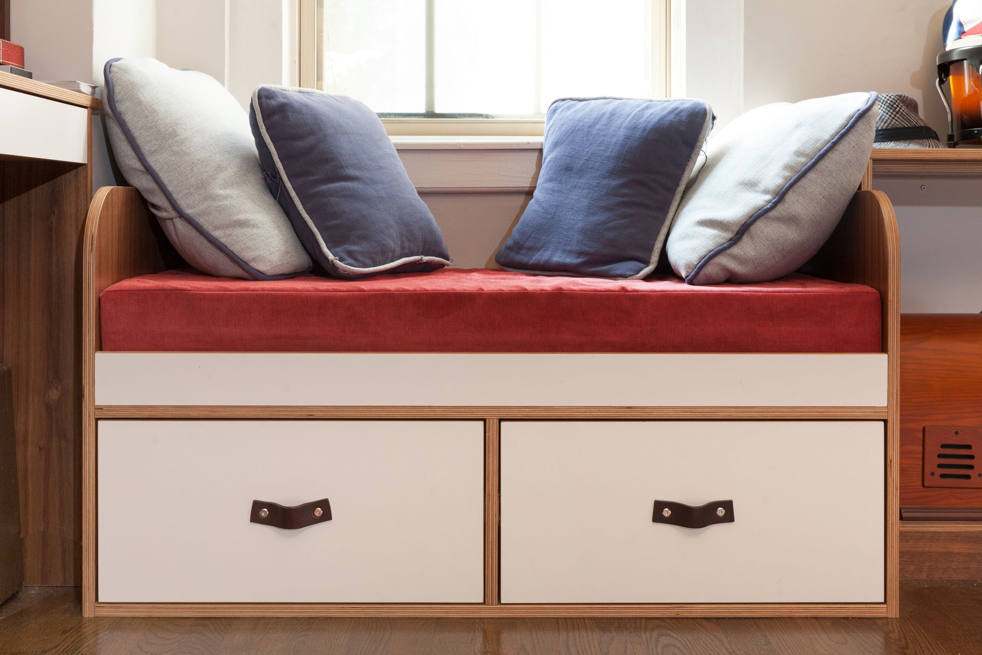 bench with storage drawers in walnut finish with white accents