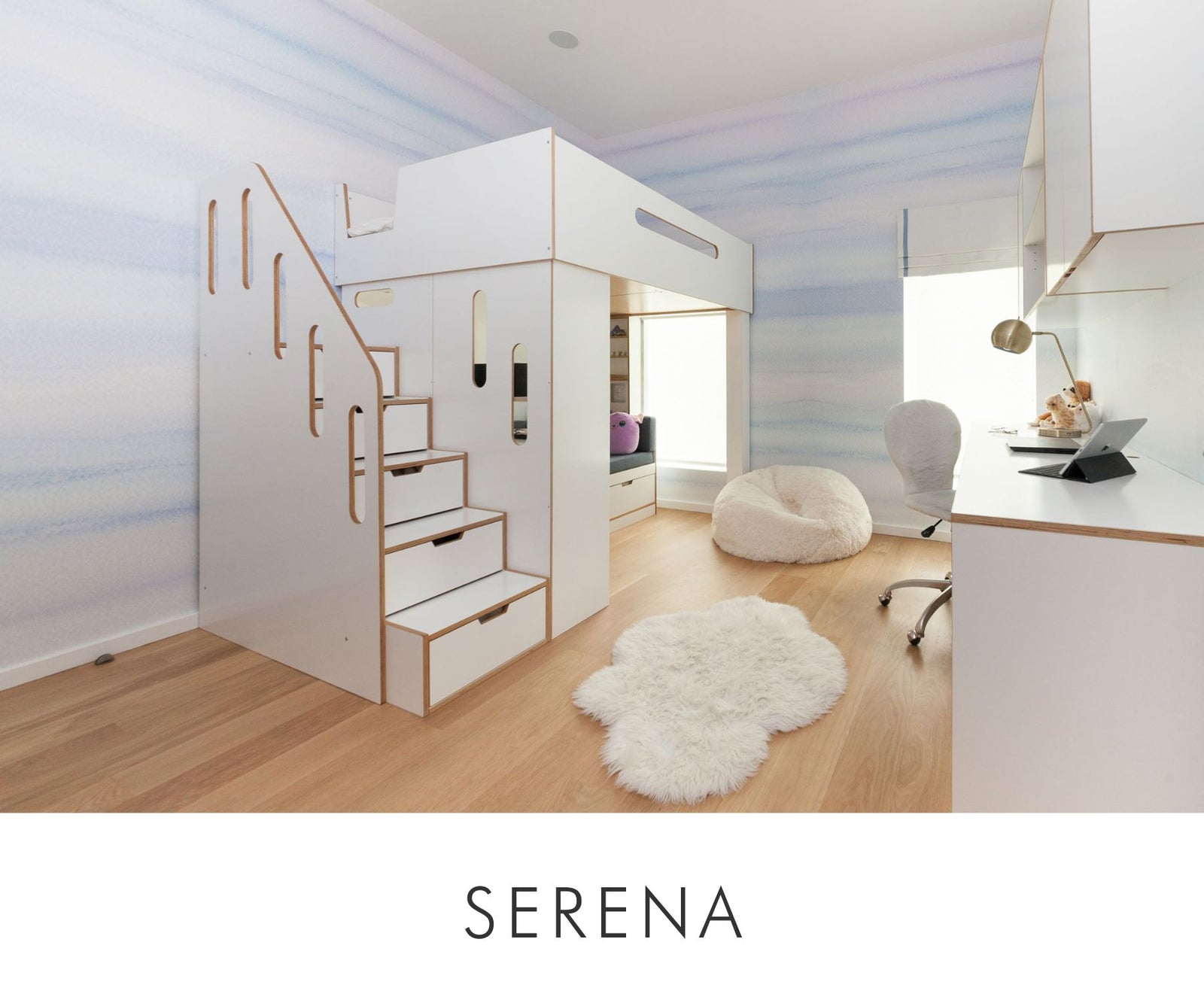 Full-size teen's white loft bed with stairs and built-in storage drawers