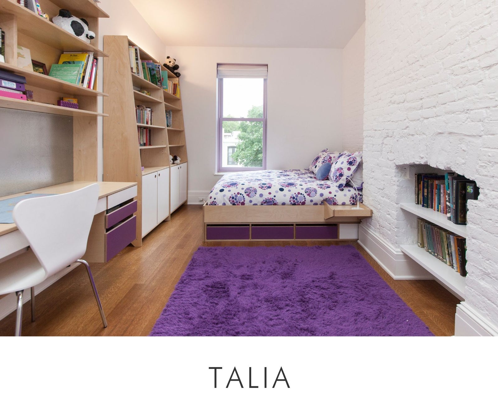 Custom kids’ bedroom set featuring a full-size bed, built-in birch plywood desk and cabinetry with white fronts and bold purple drawer accents — designed for storage and study in one cohesive layout.