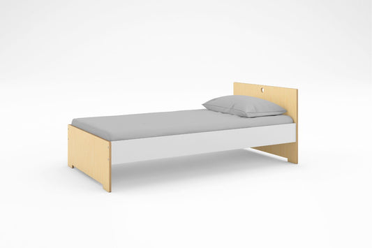 Modern twin bed in a birch and white finish, shown in a bright kids' room render with a minimalist aesthetic.