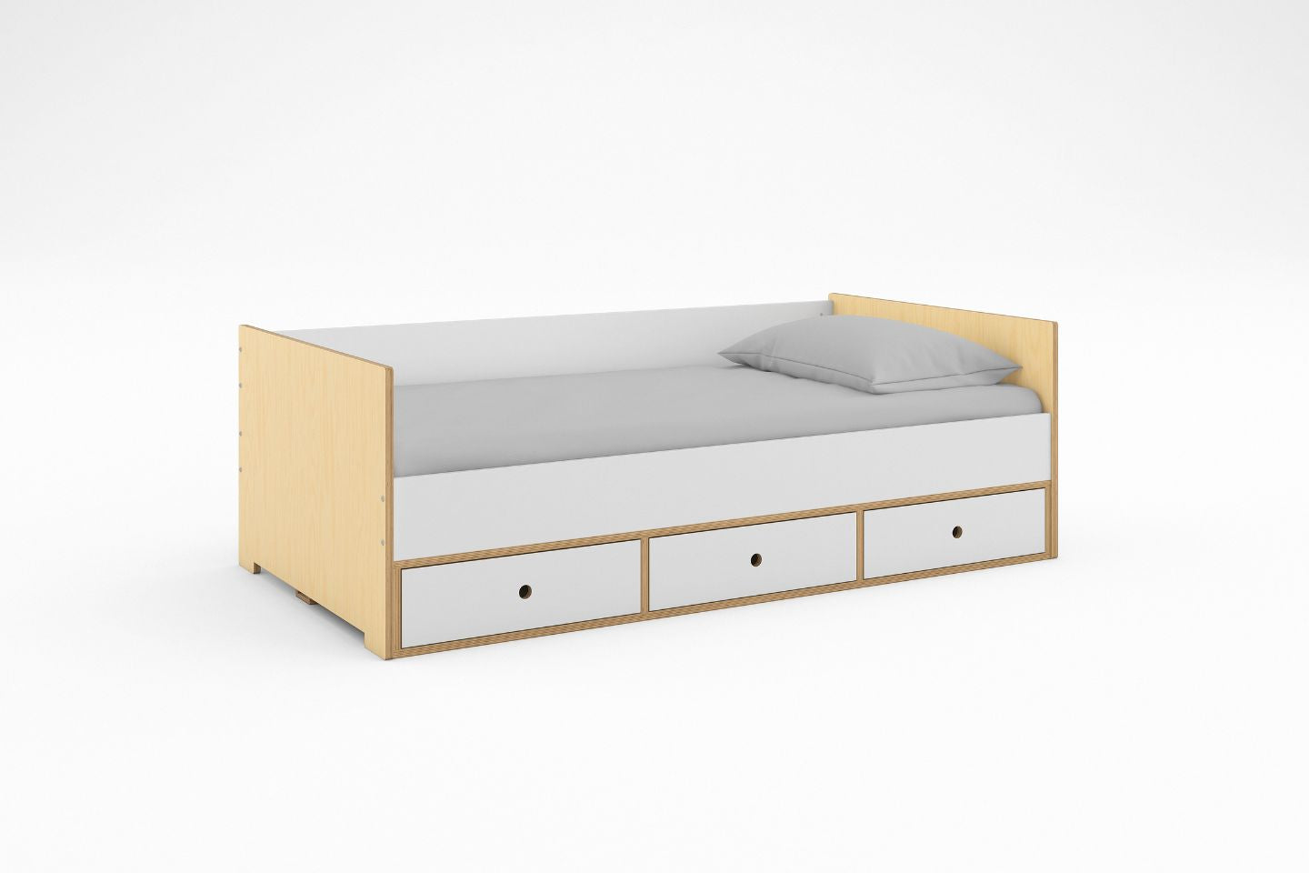Modern twin daybed with integrated storage drawers in birch and white, shown in a clean kids' bedroom render