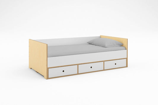 Modern twin daybed with integrated storage drawers in birch and white, shown in a clean kids' bedroom render