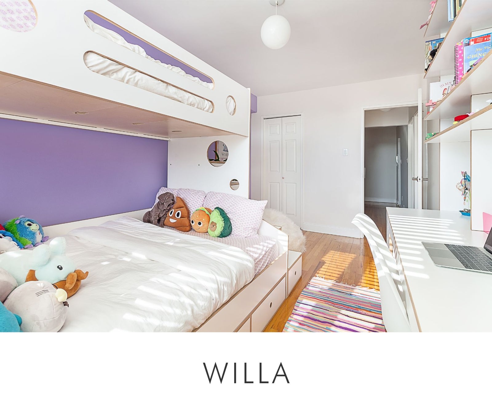 Custom all-white twin over full bunk bed with built-in storage drawers and playful circular cutouts — a modern, space-saving solution for shared kids’ bedrooms