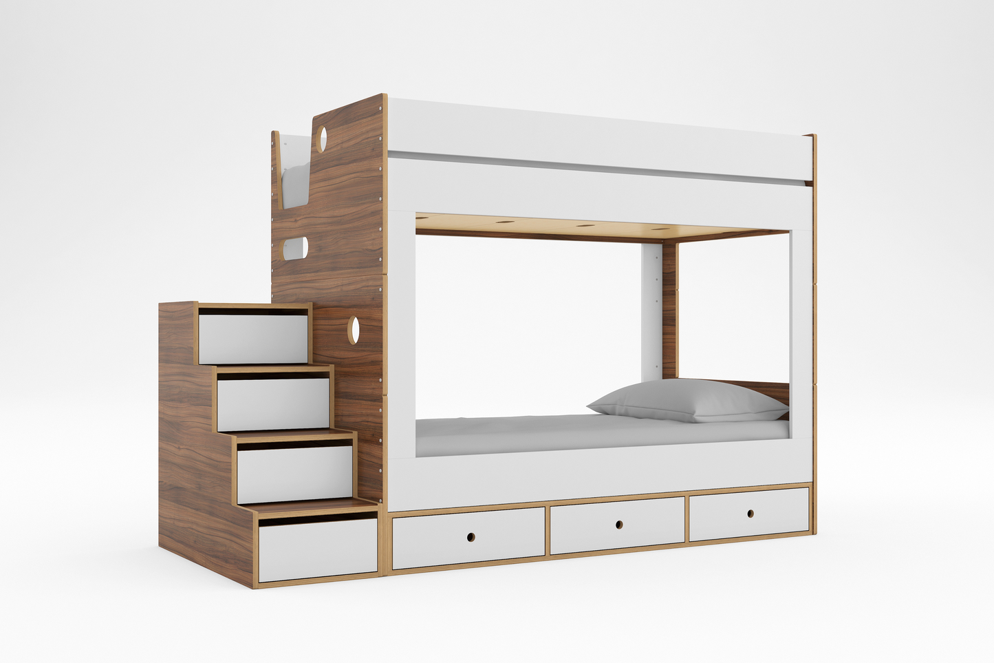Cabin Bunk Bed in a Walnut and white wood finish against a white background with storage stairs and 3 storage drawers below bottom bunk