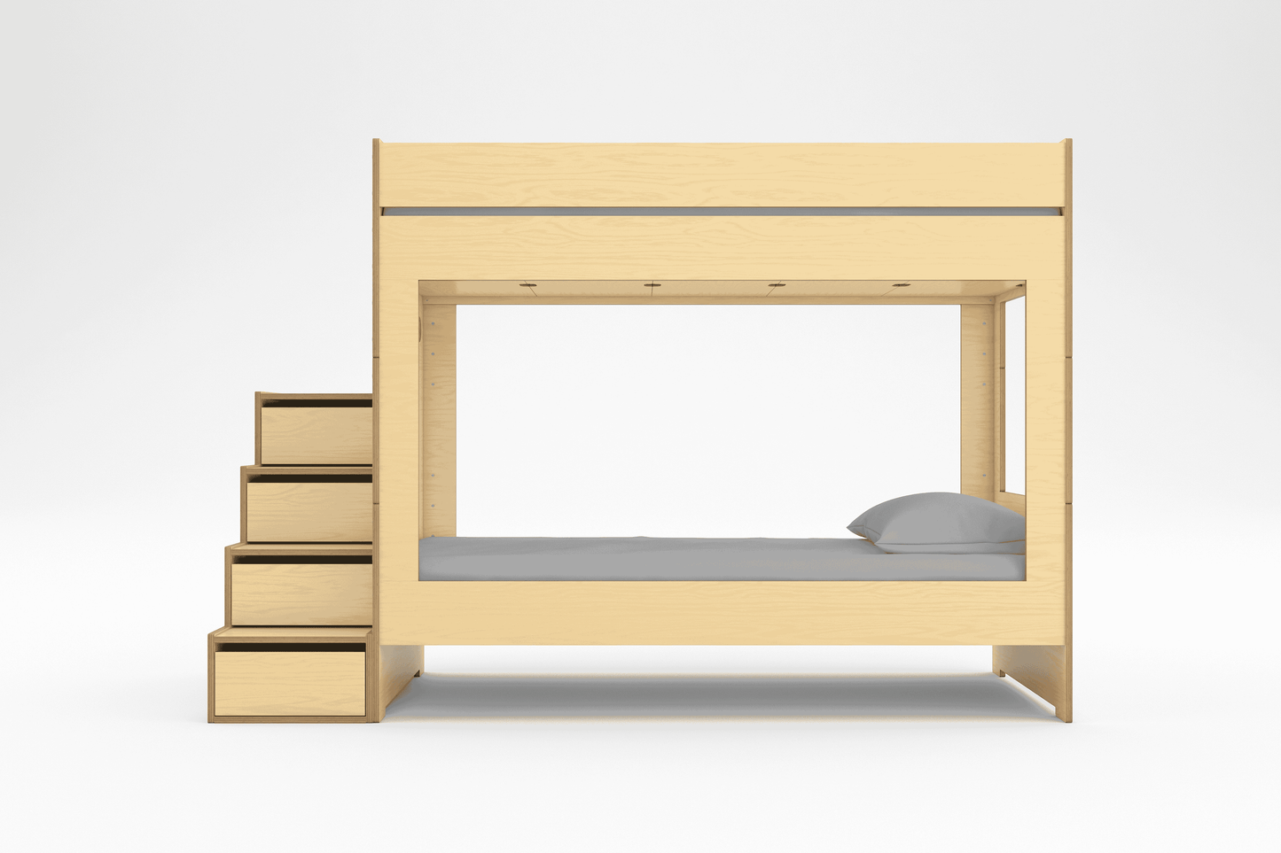 Cabin Bunk Bed with a safe storage staircase and a cozy enclosed design in a white and natural wood finish