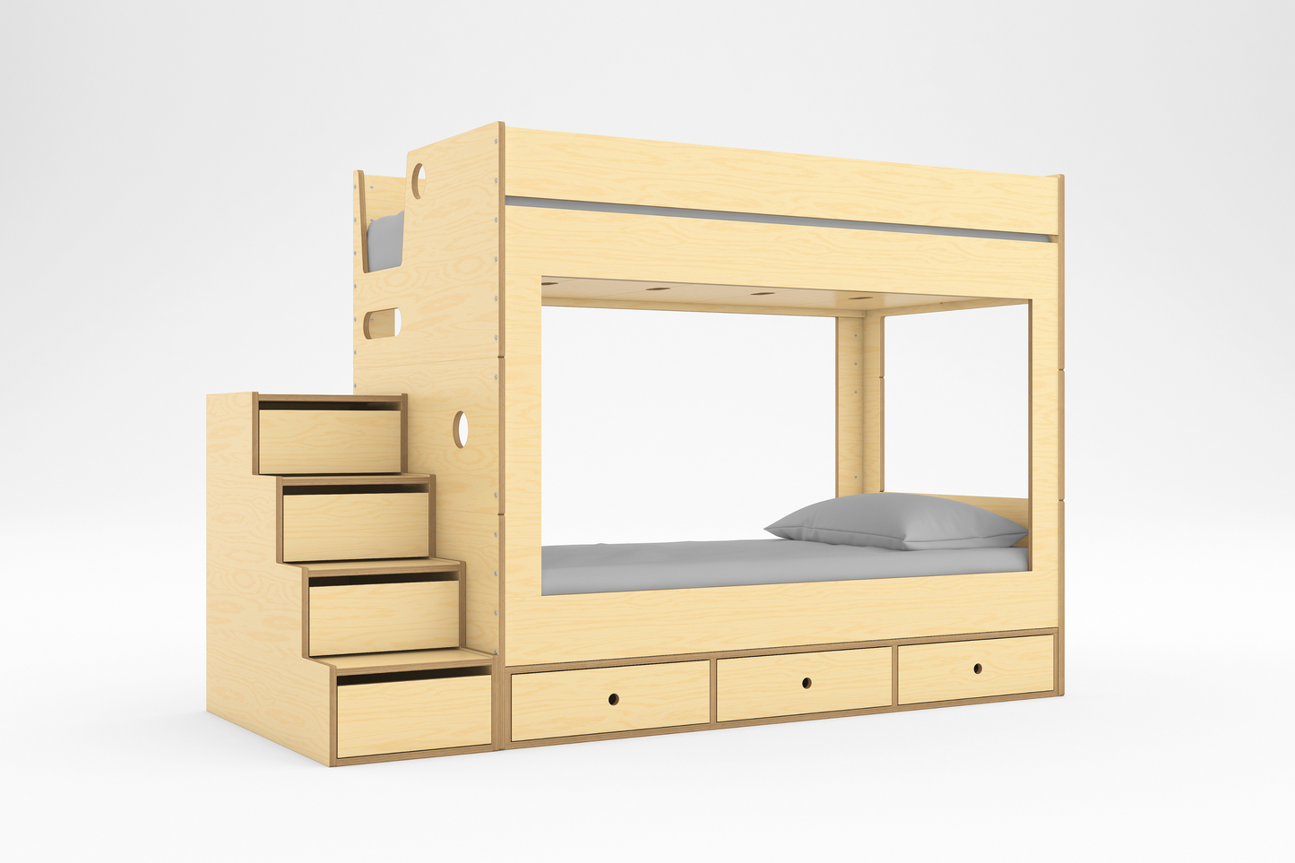 Cabin Bunk Bed with a safe storage staircase, 3 storage drawers at the bottom, and a cozy enclosed design in a birch wood finish against a white background.