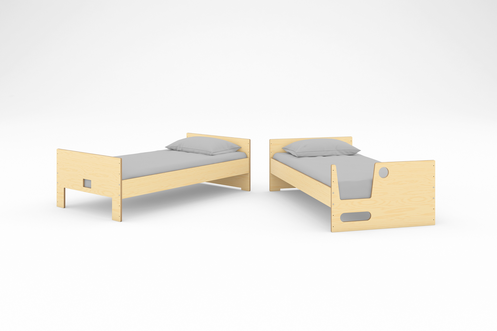 Cabin Bunk Bed unstacked next to eachother in a birch wood finish against a white background.